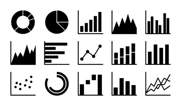 Business analytics charts silhouettes set with pie, bar, line, and scatter plots for finance and data visualization