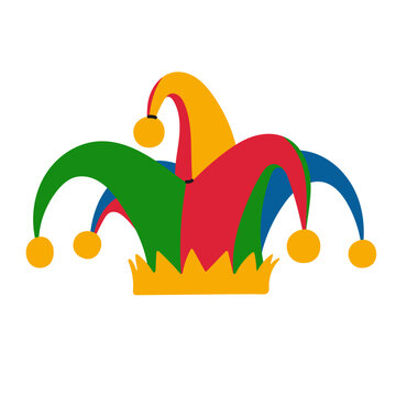 Multicolor festive jester hat with curved points and bells in a flat cartoon vector style, isolated on white for carnival, costume party, circus and celebration designs.
