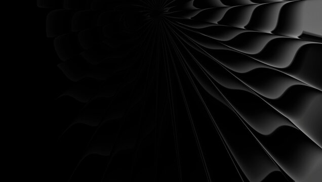 3D Glass gradient Monochromatic Fluted Wave Texture, Abstract Futuristic Radial Glass Slabs, Minimalist Dark Chrome Geometry 3D Render &ndash; Radial array of dark grey reeded glass panels fanning out 