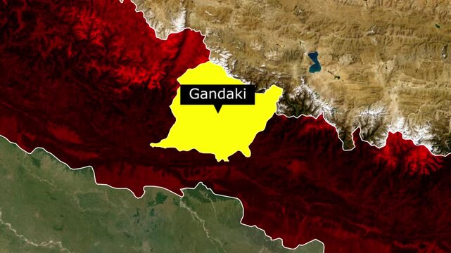 Satellite map view highlighting the gandaki province region within nepal