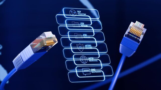 Animated visualization of RJ45 Ethernet connectors and TCP/IP network protocols including DNS, HTTP, HTTPS, FTP, and TCP against a global map background.