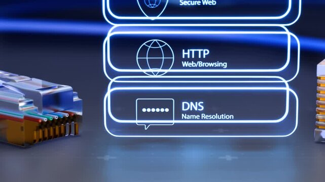 Close-up of an RJ45 Ethernet connector alongside visualized internet protocols including DNS, HTTP, and HTTPS, representing secure networking, data communication, cybersecurity, cloud infrastructure