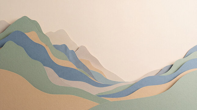 Layered paper cut mountain landscape against a neutral background