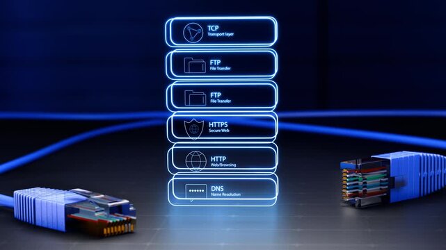 Futuristic visualization of network protocols and data communication layers with glowing digital interfaces, representing cybersecurity, cloud infrastructure, internet connectivity, data transfer, and
