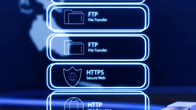 Futuristic network visualization featuring RJ45 Ethernet connectors and internet protocols including DNS, HTTP, HTTPS, and FTP, representing cybersecurity, data transmission, cloud infrastructure, and