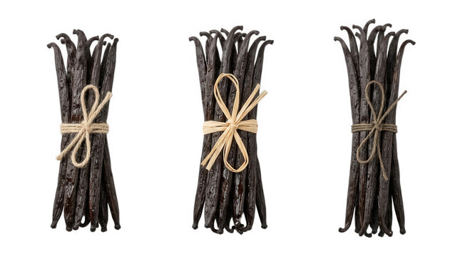 Vanilla Beans Bundles Tied with Twine Isolated on Black Background in Studio Lighting