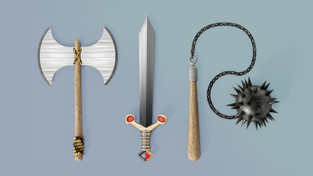 Old Medieval weapons white isolated on blue background. 3D illustration
