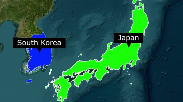 Map of east asia highlighting south korea and japan with labels