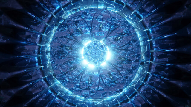 Ice blue starburst mandala for sacred geometry, meditation, spiritual clarity, cosmic energy, futuristic design, healing art and radiant symmetrical backgrounds for creative projects