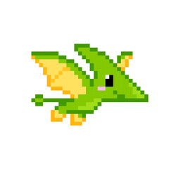 Cute pixel art baby pterodactyl flying dinosaur. Editable vector 8-bit pixel dinosaur sprite for mobile games, stickers, kids designs and mosaic puzzle  © VRTX
