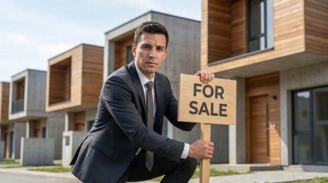 Real estate agent installing a for sale sign at a modern home