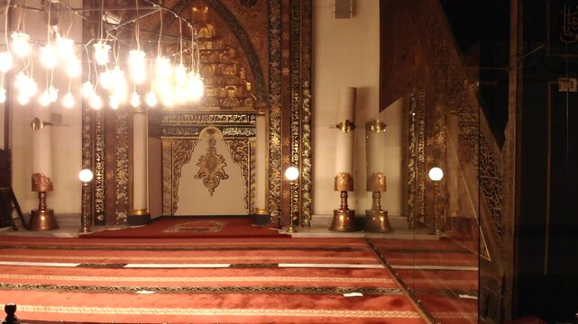 Bursa Ulu Cami interior prayer hall and Islamic mosque details in Bursa Turkey during Ramadan.