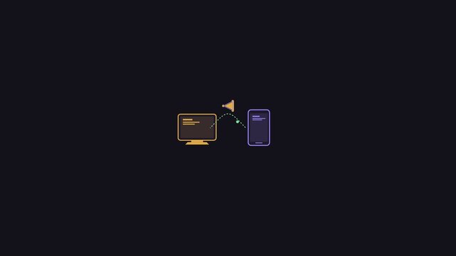 Computer monitor and smartphone vector icons illustrate data synchronization and digital communication on a dark background.