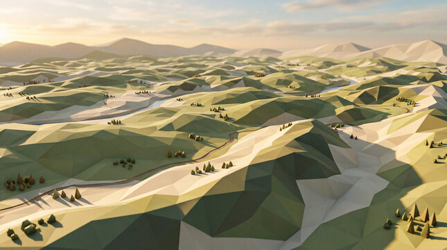 Low poly rolling terrain depicts a scenic landscape with soft lighting