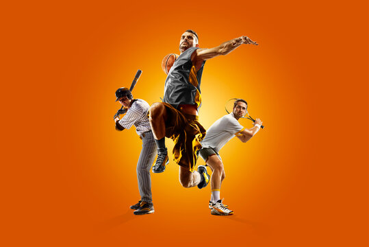 Sports collage. Professional athletes on an orange background. Athletes in action.