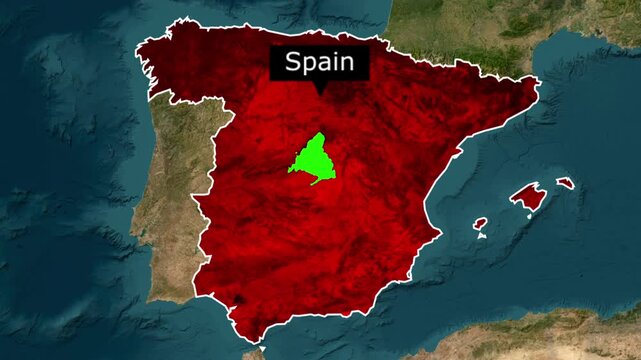 Map of spain highlighting the central madrid region in green with geography