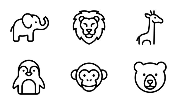 Line icon set of animals including elephant, lion, giraffe, penguin, monkey and bear for app and web