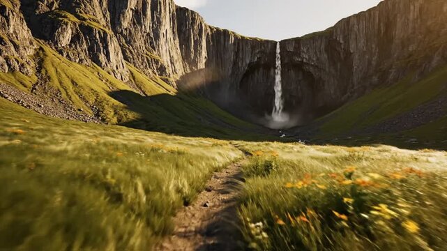 Beautiful waterfall flowing between massive green mountain cliffs in a cinematic motion video footage clip