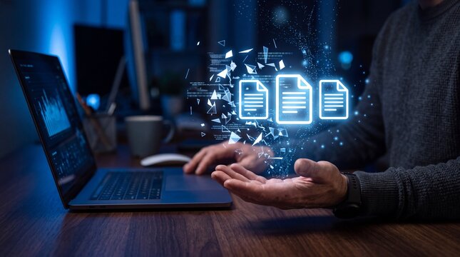 Realistic digital document management concept showing an anonymous professional using advanced interface technology for efficient file handling