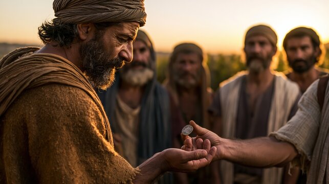 Vineyard owner giving a silver denarius to a weary worker, illustrating unexpected generosity and grace in the parable of the workers in the vineyard.