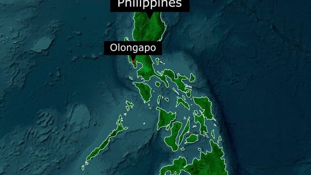 Geographical map highlighting the philippines with a specific pin on olongapo city