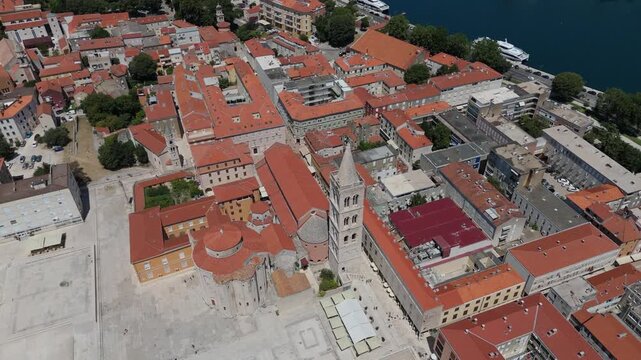 Aerial view of the Old Town of Zadar, Croatia. Aerial shot of Zadar old town, famous tourist attraction in Croatia. City of Zadar historic peninsula roman architecture aerial view, Croatia