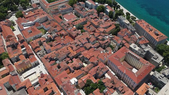 Aerial view of the Old Town of Zadar, Croatia. Aerial shot of Zadar old town, famous tourist attraction in Croatia. City of Zadar historic peninsula roman architecture aerial view, Croatia