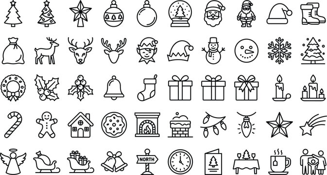 Christmas winter holiday outline icon set with santa claus tree gift box snowflake reindeer line vector illustration
