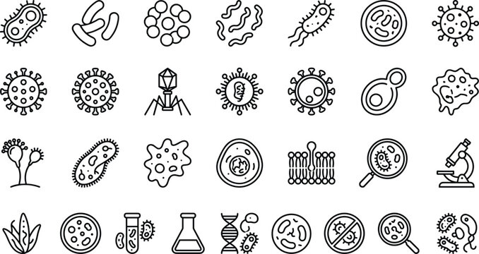 Bacteria virus micro organism outline icon set with cell microscope dna test tube laboratory line vector illustration