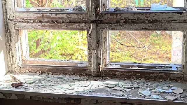 A broken window in a neglected building with a run-down facade