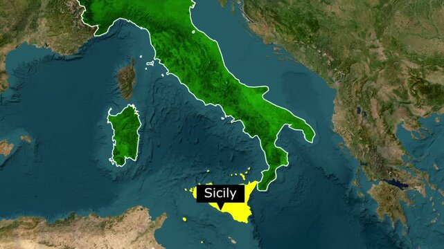 Satellite view map of italy highlighting the island of sicily in yellow with a location label