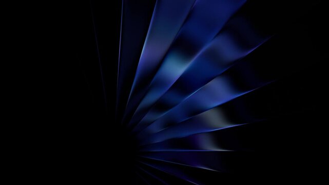 3D Glass gradient Slanted Radial Fan Arc Seamless Loop Video, Abstract Futuristic Reeded Glass Slabs Motion Graphics, Glowing Cobalt Blue Refraction Animation &ndash; Diagonal fan burst of transparent glass