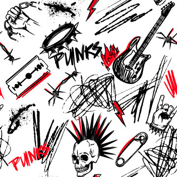 Punk, grunge objects  skulls,  safety pins, chains, rock, gitar, seamless pattern