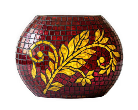 Round mosaic glass candle holder with red tiles and a golden leaf pattern isolated on transparent background