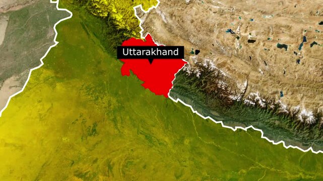 Satellite map showing the state of uttarakhand highlighted in red within india