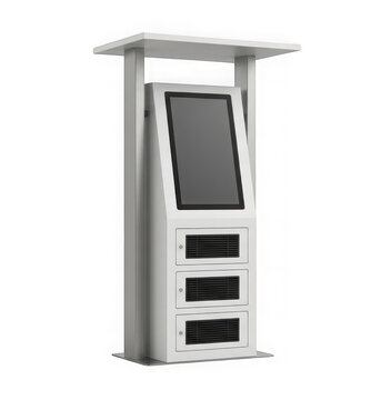 Modern interactive information kiosk with a touch screen display isolated on transparent background