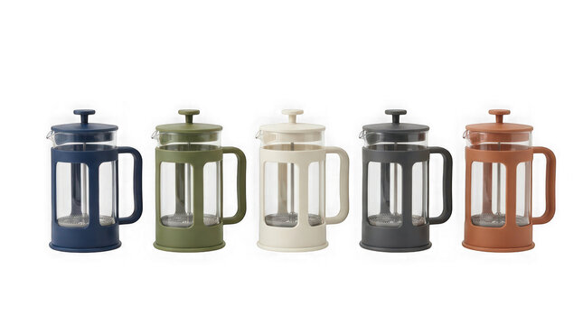 Set of five colorful glass french press coffee makers isolated on transparent background