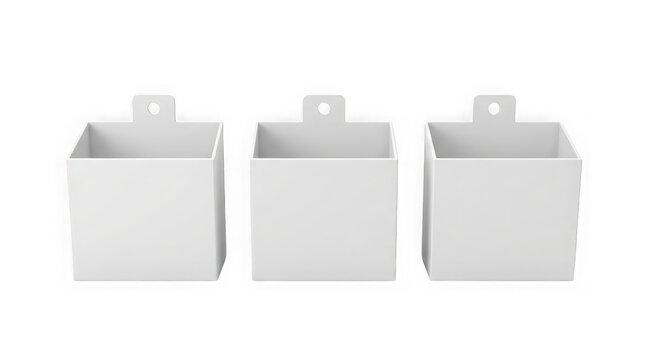 Three white plastic storage bins with hanging tabs isolated on transparent background