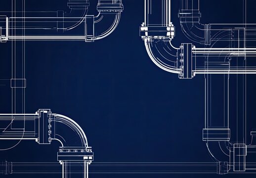 Blueprint illustration of white pipes and fittings against a dark blue background