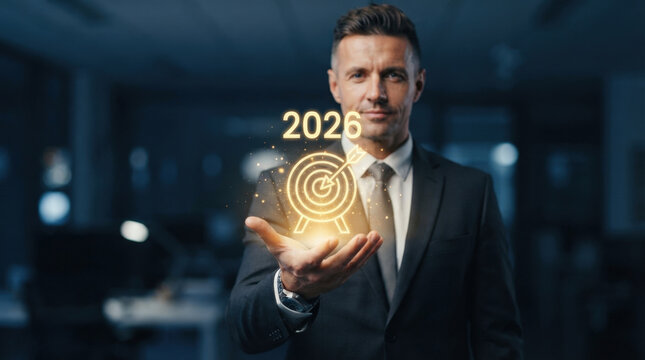Businessman holding golden holographic target icon with 2026 text representing precise strategic objectives and future planning.