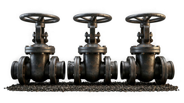 Three industrial metal gate valves with handwheels arranged in a row on a gravel surface isolated on transparent background