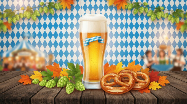 Festive Oktoberfest background with tall glass of lager beer salty pretzels green hops and autumn leaves on wooden table.