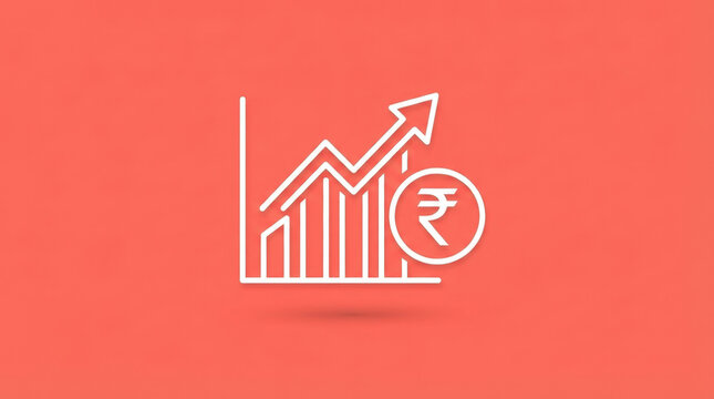 Financial growth bar chart graphic with rising arrow and indian rupee currency symbol displayed on solid vibrant coral backdrop.