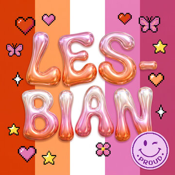 Lesbian Pride Flag Design with Chrome 3D Bubble Lettering, Retro Pixel Hearts, Butterflies, Stars and Winking Smiley Face