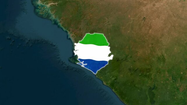 Sierra Leone map overlaying satellite view in motion digital animation