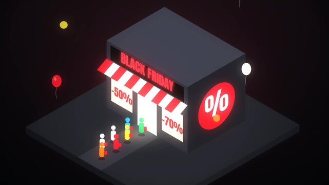 Black Friday sale event with shoppers queuing outside a store offering 50 and 70 percent discounts with balloons and festive lights