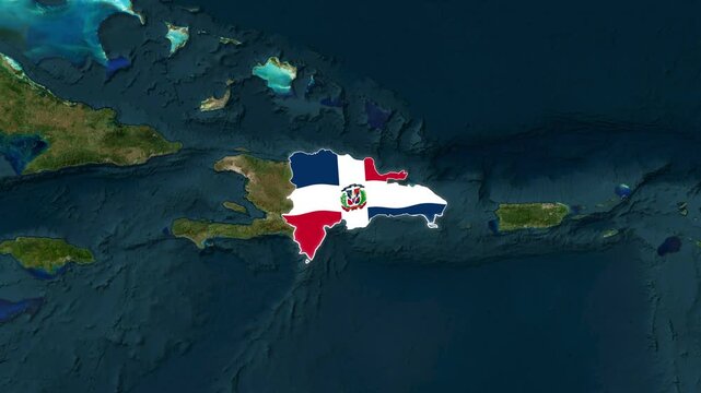 Dominican Republic map flag animation over Caribbean island motion footage clip