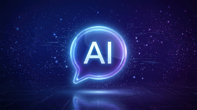 Glowing AI speech bubble icon in a digital network of connections and particles representing artificial intelligence communication.