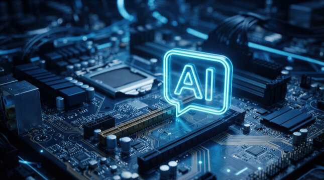 Glowing neon blue artificial intelligence chat bubble icon on computer motherboard circuit for hardware engineering concept.