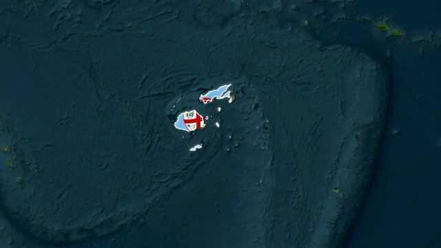 Fiji map animation featuring national flag design on ocean background
